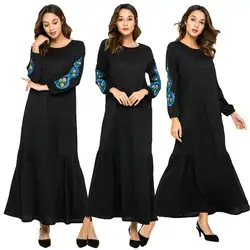Абая для мусульманских женщин Кафтан винтажное Макси платье одежда с вышивкой исламский джильбаб платье круглый воротник длинный рукав 2019
