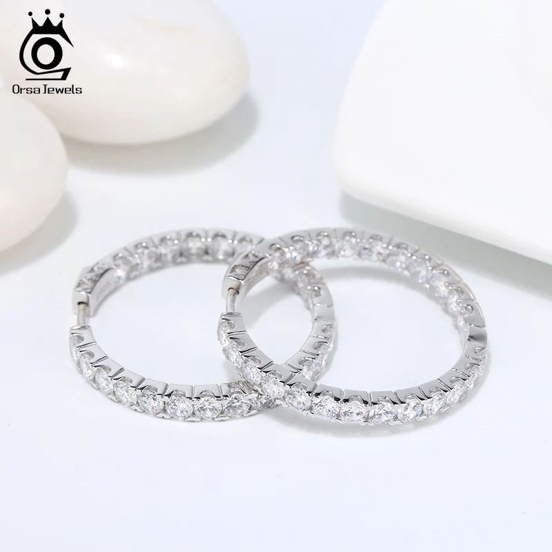 ORSA JEWELS настоящие 925, женские серьги-кольца, полный циркон, 34 мм, Стерлинговое Серебро, круглые серьги, модное утонченное ювелирное изделие, SE221