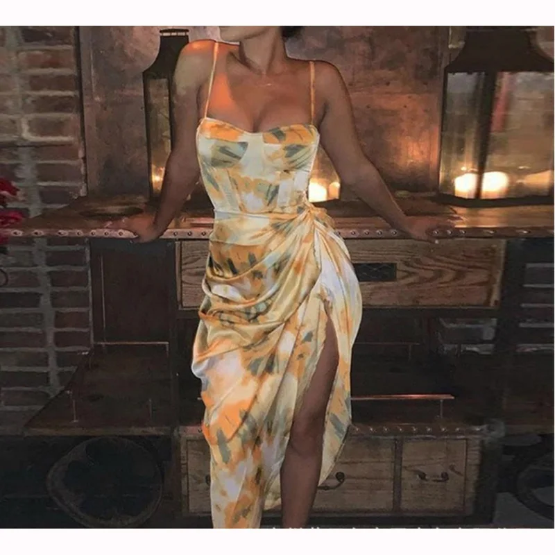 

Abstract Print Spaghetti Strap High Slit Ruched Dress Women Stretch Sleeveless Sexy & Club Night Out Party Dress
