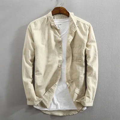 khaki Мужские весенне-осенние модные брендовые винтажные однотонные хлопковые льняные рубашки с длинными рукавами в японском стиле мужские повседневные тонкие облегающие рубашки - Цвет: khaki