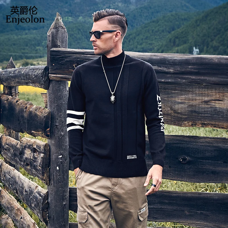 Online Suéter de cuello alto Medio Enjeolon para hombre 2020 Otoño Invierno contraste de Color Casual Camisa de fondo Jersey de punto de talla grande MY3449