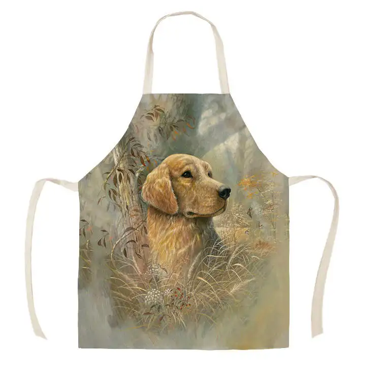1Pcs Kitchen Apron Sketch black dog head Printed Sleeveless Cotton Linen Aprons for Men Women Home Cleaning Tools 55*68cm