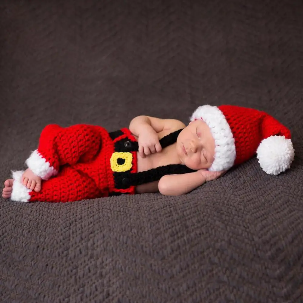 Newborn Baby Cute Crochet Knit Christmas Hat Photography Prop Santa Claus Infant Boys Girls Costume Outfits Dropshipping