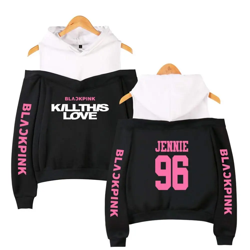 Mainlead Kpop черная розовая толстовка с открытыми плечами Lisa Rose Jennie Jisoo куртка - Цвет: Jennie Black2