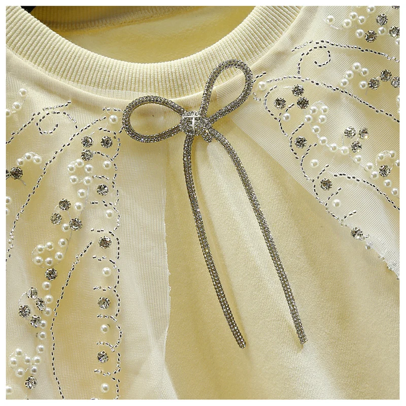 Female Sweatshirt Handmade Beaded Mesh Stitching