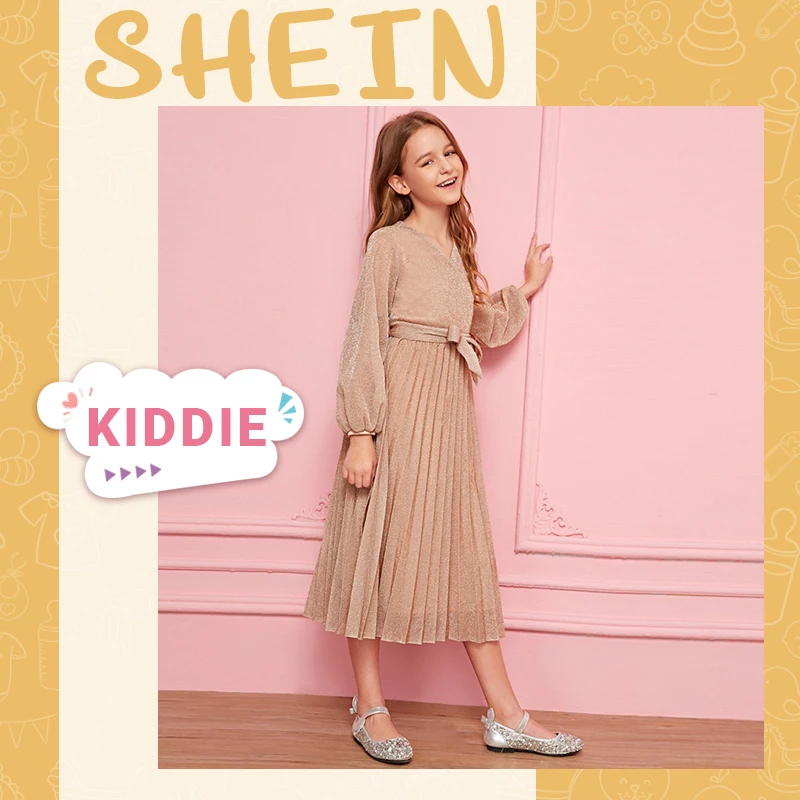 SHEIN/детское Пастельное розовое платье с запахом и поясом для девочек; Плиссированное блестящее платье для детей; коллекция года; сезон осень; Расклешенные платья с v-образным вырезом и рукавами «Бишоп»