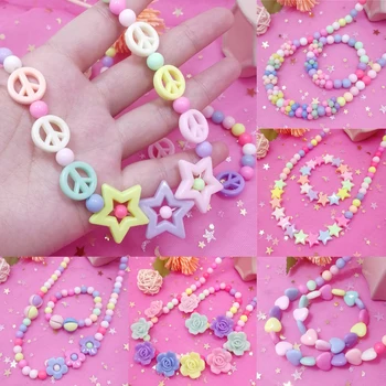 

Colorful Princess Candy Bead Chain Lovely Ball Star Flower Peace Pendant Necklace Bracelet Set for Children Baby Kids Jewelry