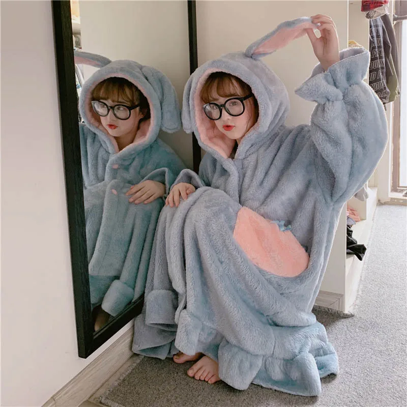 Blue Pajamas Зимняя Пижама для женщин; комплект из 2 предметов; утепленная бархатная Пижама; теплая Женская одежда для сна; милый свободный Пижамный костюм с заячьими ушками - Цвет: Blue Pajamas