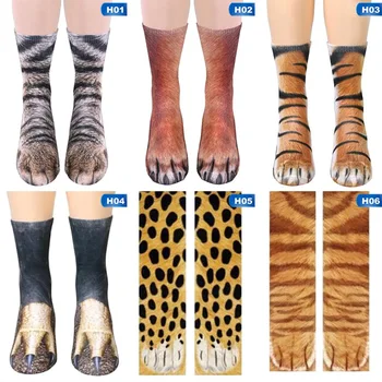 

3D Print Adult Animal Paw Socks Unisex Crew Cat Long Stocks Elastic Breathable Sock Dog Horse Zebra Pig Cat Paw