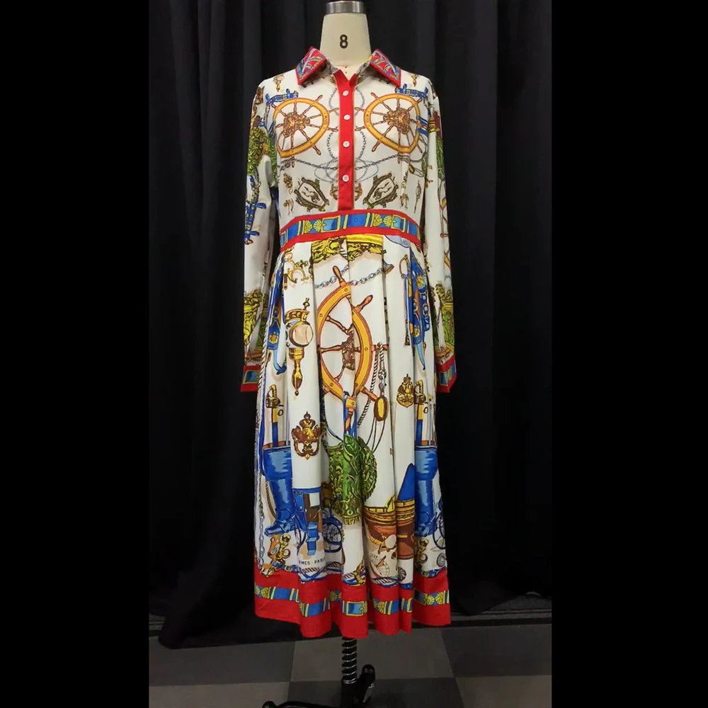Осень, платье с отворотом до середины икры С Высокой Талией большого размера плюс, элегантное офисное платье с геометрическим принтом, плиссированное платье миди