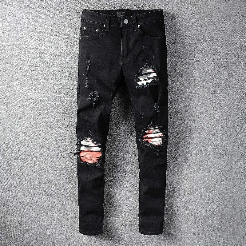 Hip Hop Patchwork Designer Jeans Pria 