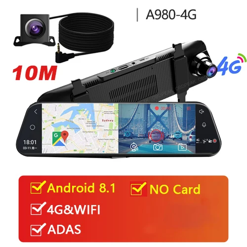 Двойной 1080P 4G Android 8,1 10 дюймов поток медиа Автомобильное зеркало заднего вида Bluetooth камера Автомобильный видеорегистратор ADAS Super Night WiFi gps видеорегистратор - Название цвета: A980 10M NO Card