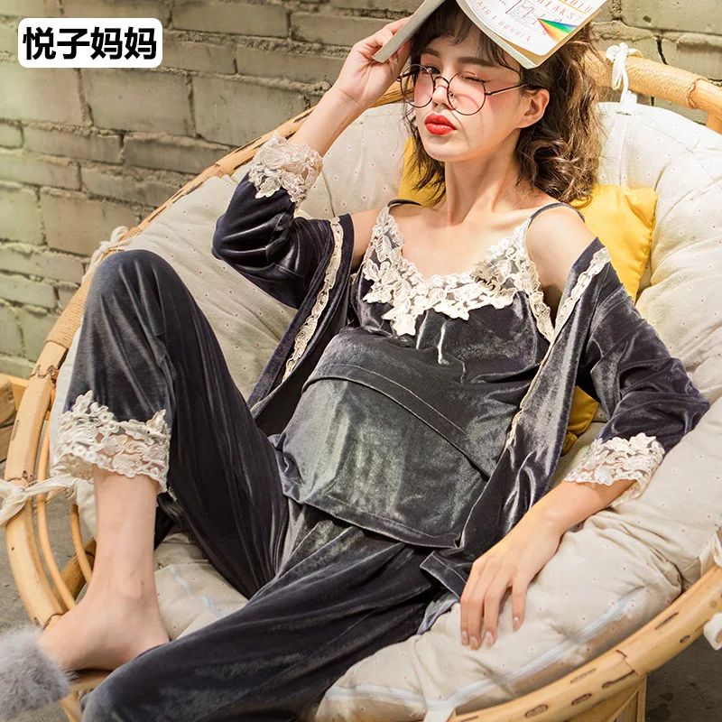 

[Etsuko Mom 1373 "Spring New Style Pregnant Women Set Rich Gold Velvet Three-piece Set Nursing Pajamas