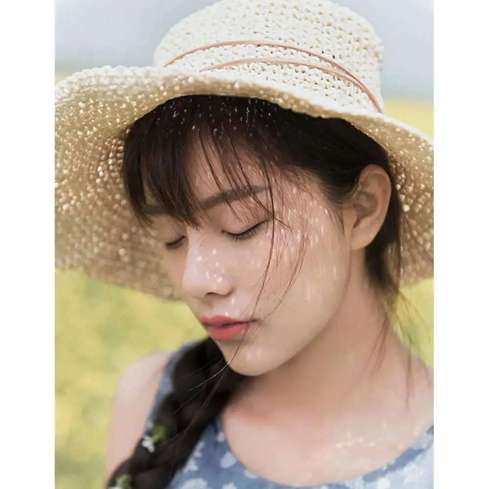 Studyset Summer straw weaving Braided UV Protection Bow Knot Beach Hat Foldable Bucket Cap crocheting