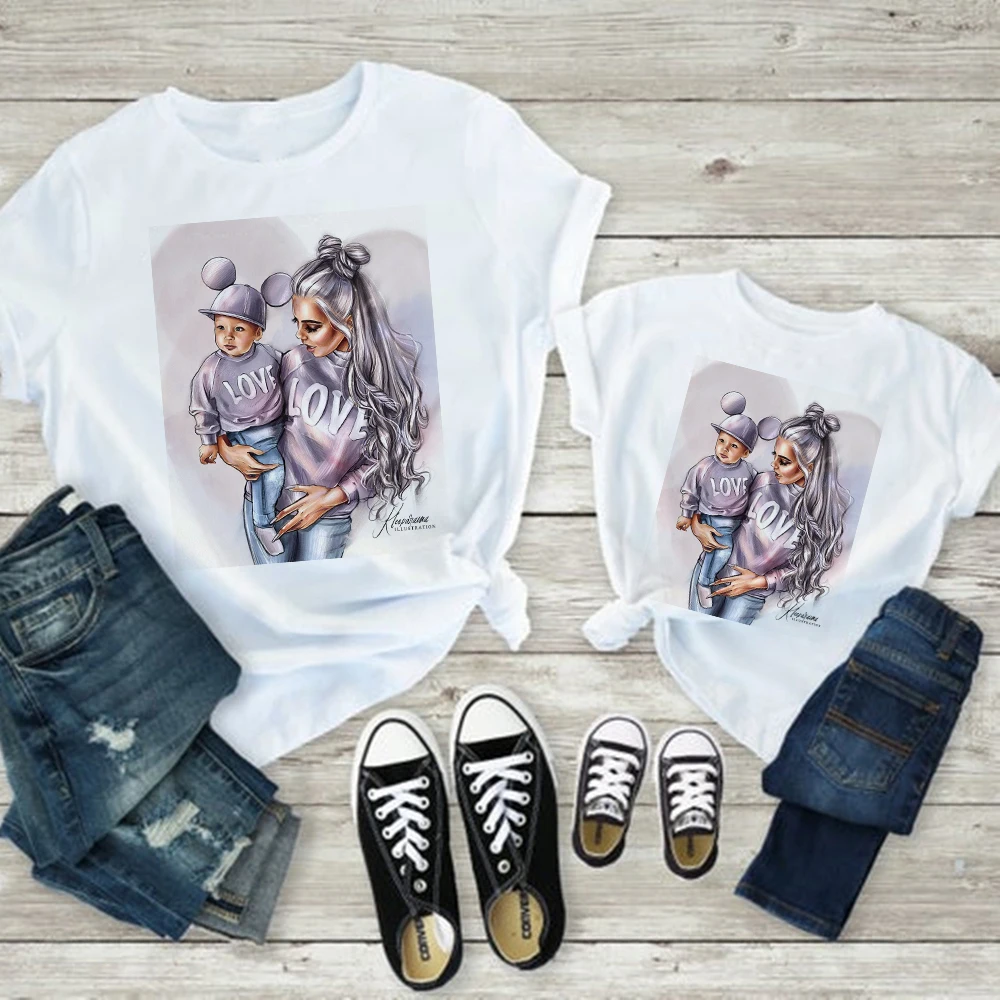 Familia Super mamá amor ropa de madre e hija Primavera Verano Ulzzang ropa de niños lindo estampado diseño cuello T camisa