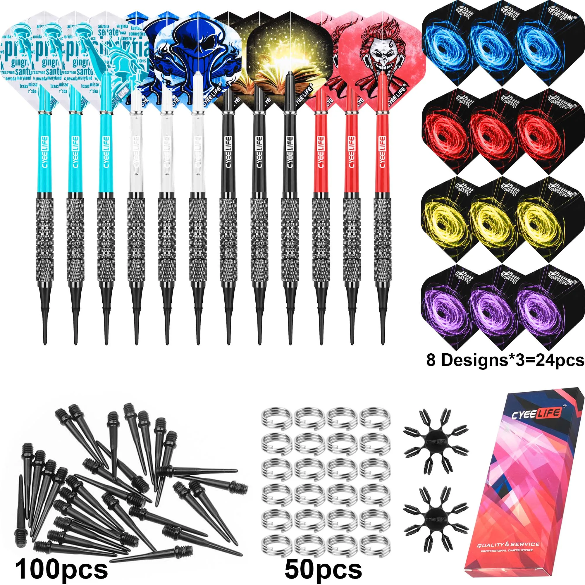 CyeeLife Soft Darts 7/10/12/16/20g 12 Packs With 4C PVC Shafts+100 Plastic tip Points+24 Flights+50 Metal Spring O Rings 1piece wire diameter 6 0mm spring steel round wire snap rings for hole retainer circlips for shaft od 154 5mm 325mm