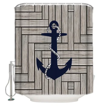 

Shower Curtain Waterproof Polyester Fabric Shower Curtain Wood Texture Background Marine Anchor