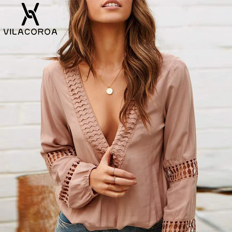 2022 Autumn New Blouse Women Long Sleeve V Neck Women shirt Solid Lace Hollow Top Loose Plus Size Blusas Mujer Fashion Sexy Top