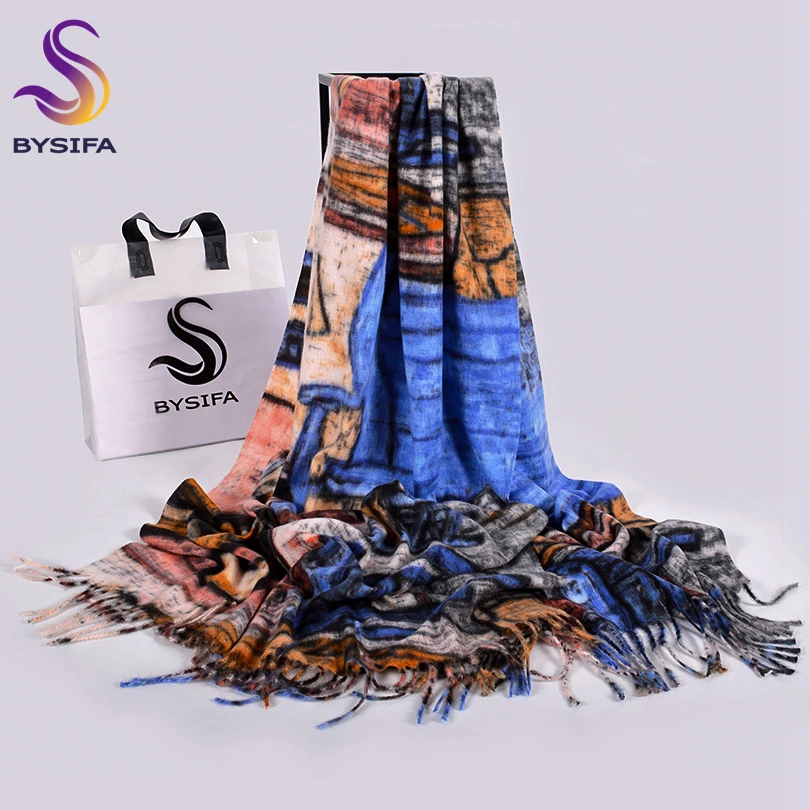 [BYSIFA] женский зимний шарф с принтом, новинка года, Осенний шарф в стиле масляной живописи, длинный шарф, шаль, Дамская кашемировая Пашмина с кисточками