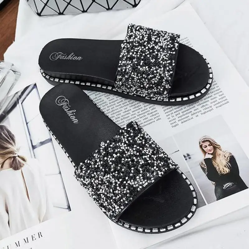 

Summer Slippers Women Footwear Platform Outdoor Sequins Non-slip Slipper Open Toe Bathroom Fashion Beach Sandals Flat Flip Flops