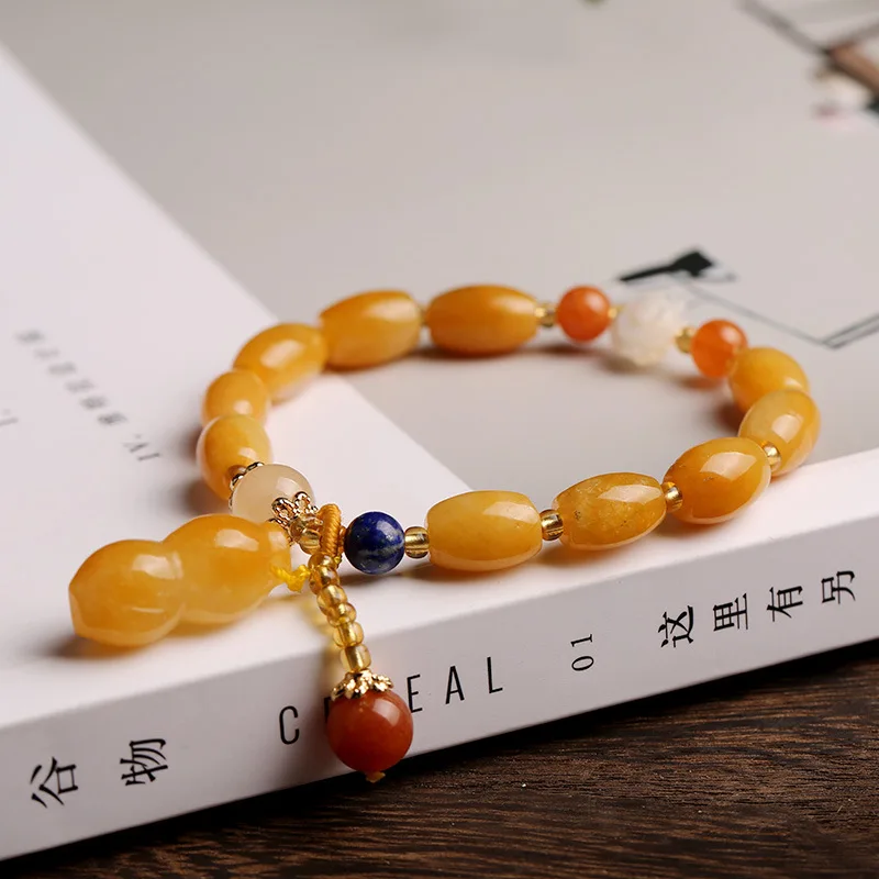 peanut tassel OMHXZJ CS34 Европейская мода для женщин и девочек подарок на день рождения натуральный нефрит Тыква бусины Calabash PIXIU кисточкой браслет - Цвет камня: peanut tassel