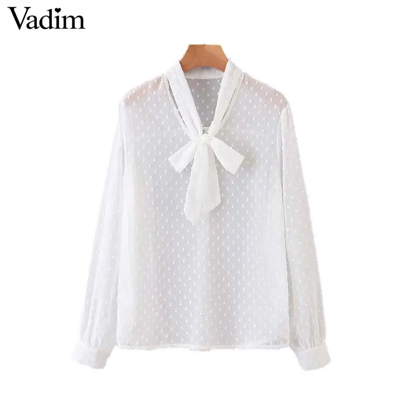 

Vadim women stylish bow tie collar blouse long sleeve see through solid shirts office wear sweet white black tops blusas LB529