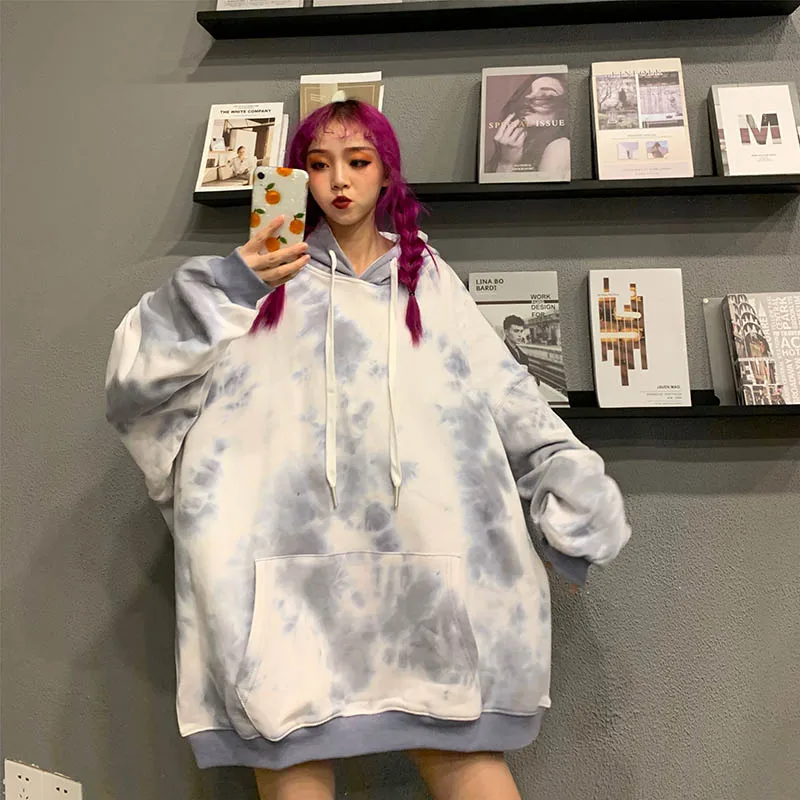 Серый Hip-Hop unisex Streetwear clothing personality Tie dyeing winter casual loose long-sleeve bf oversized women hoodie sweatshirt - Цвет: Серый