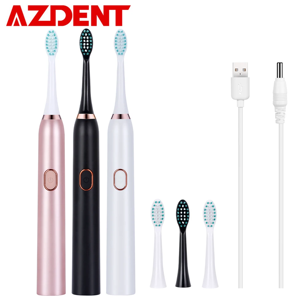 AZDENT 3 режима ультра звуковая электрическая зубная щетка USB перезаряжаемая зубная щетка с 2 шт. DuPont Сменные зубные головки