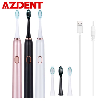 

AZDENT 3 Mode Ultrasonic Sonic Electric Toothbrush USB Rechargeable Tooth Brushes With 2 Pcs DuPont Replacement Time Brush Heads