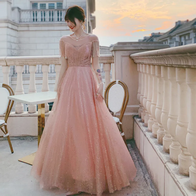 

Luxury Pink Banquet Evening Dress with Beading Sleeve and Pearls Skirt Female Host Elegant Birthday Party Prom Dress A116