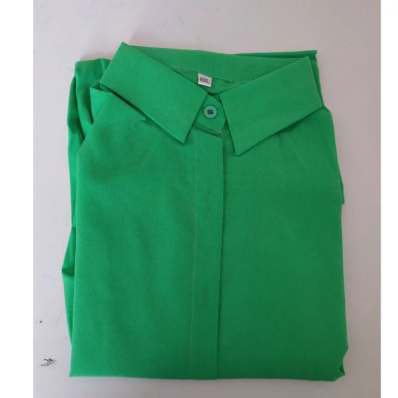 Зеленый Осенние элегантные топы с длинным рукавом, 8XL, больше размера, женские блузки, одноцветные шифоновые блузки с v-образным вырезом, Рабочие Рубашки, прозрачные блузки размера плюс - Цвет: Зеленый
