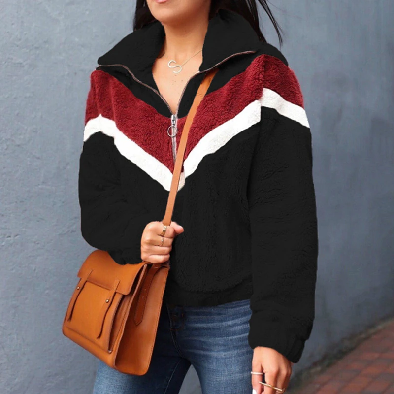 Goedkoop Nadafair Casual Fleece Sweater Vrouwen 2019 Patchwork Zip Faux Bont Oversized Winter Fluffy Capuchon Vrouwelijke Plus Size Truien