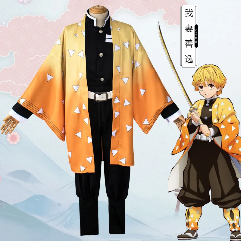 Anime Demon Slayer: Kimetsu no Yaiba Cosplay Costume Agatsuma Zenitsu Women Men Kimono Wigs Clogs Robe Cloak Geta Shoes | Тематическая