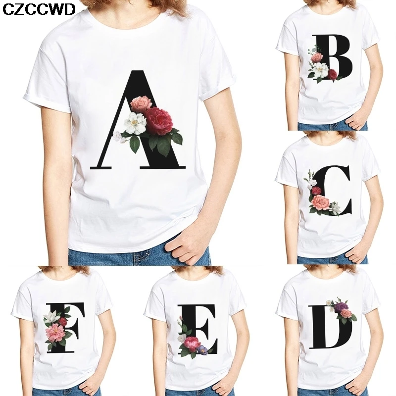 Summer Ulzzang Harajuku Fun Bouquet Of 24 English Letters Print Short Sleeve T Shirt Big Size Loose Vintage Casual Women T-Shirt