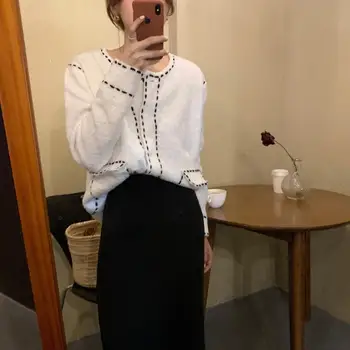 

COIGARSAM Office Lady Full Sleeve Shirt Womens tops New Spring Korea Style Knitting Loose Women shirts White Black 6917