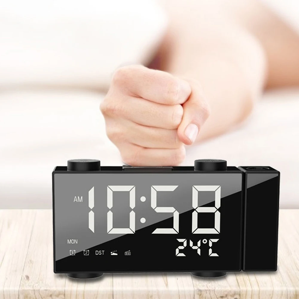 Светодиодный FM радио Будильник телефон USB зарядное устройство настольные часы проекция функция повтора двойной будильник температура отображение даты