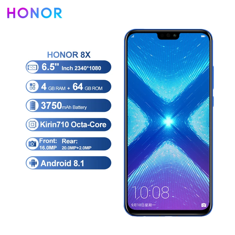 Huawei Honor 8X мобильный телефон Google store 6,5 дюймовый экран 20MP две камеры 3750 мАч батарея Android 8,2 восьмиядерный смартфон