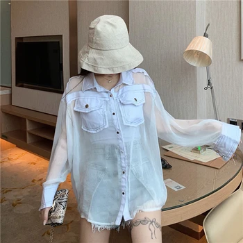 

2020 Summer New Sexy Transparent Mesh Sheer Jacket Women Loose Thin Long Sleeve Basic Coat Women Jacket Sunscreen Outwear D3451