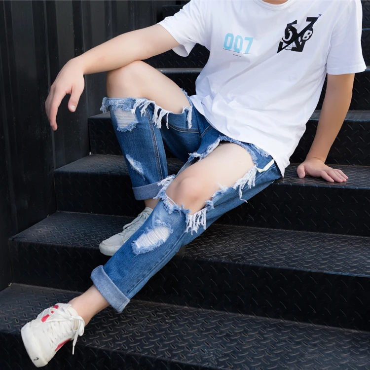 Trendy men's summer big hole leakage knee 9 / 9 jeans men's and women's lovers' Korean version thin beggar pants 4