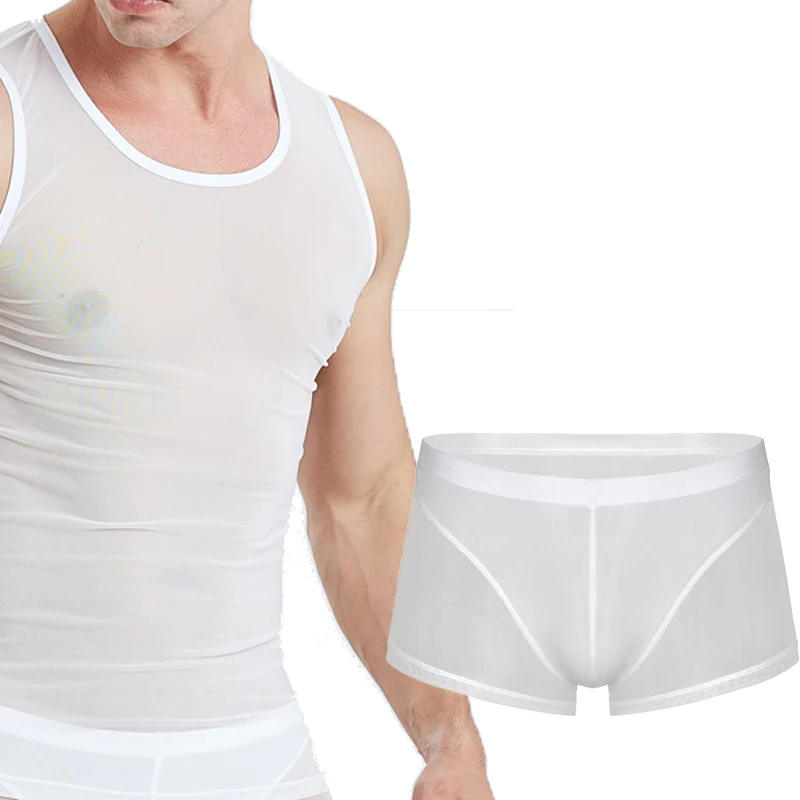 Men Vest Man Slim Sleeveless Undershirt Sexy Top Tanks Boxer Transparent Underwear Set Breathable Lingerie Singlet Elastic - Цвет: white tank bottoms