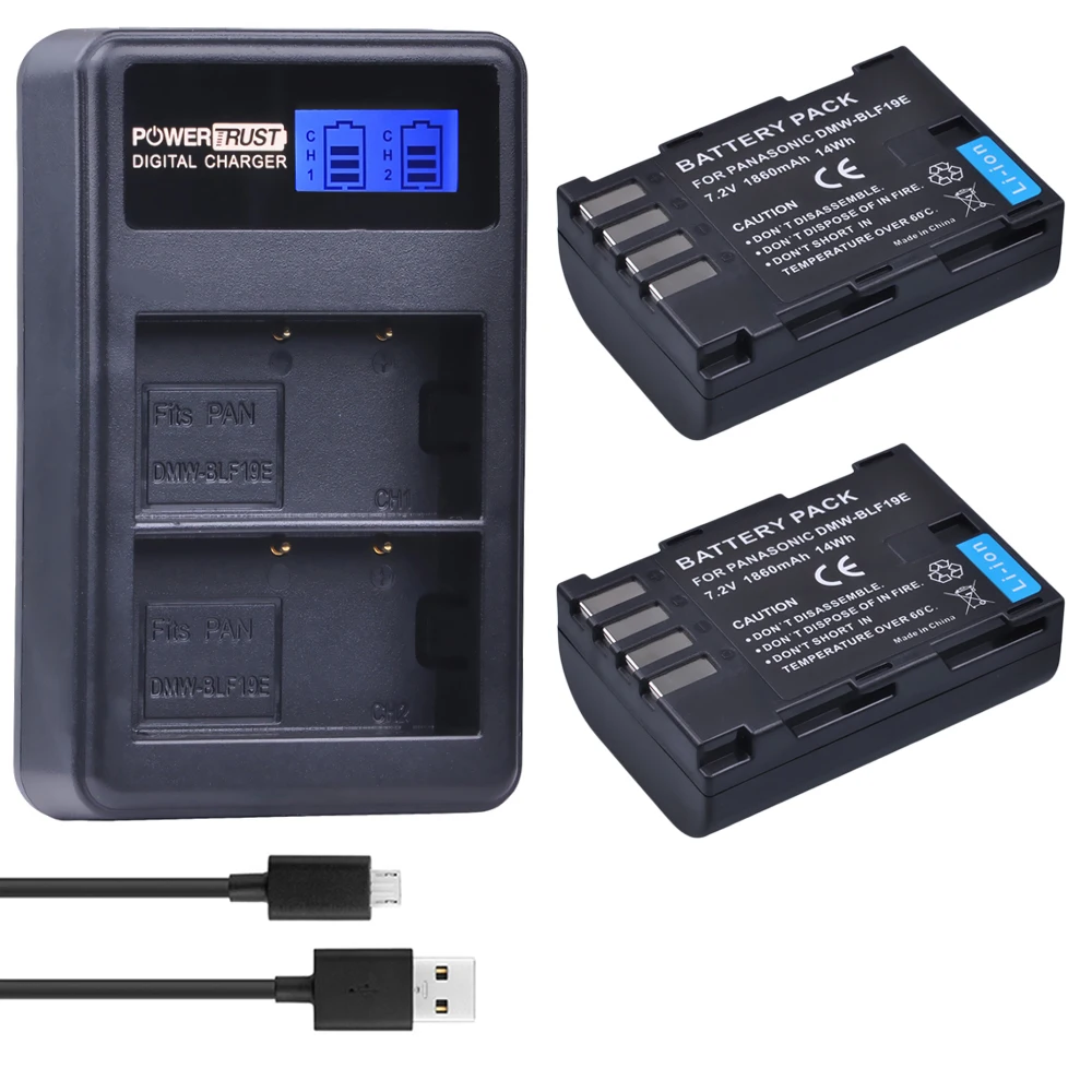 2B with charger Powertrust 2 шт. 1860 мАч DMW-BLF19 DMW DMW-BLF19e литий-ионная батарея+ ЖК-дисплей Dual USB зарядное устройство для Panasonic Lumix GH3 GH4 GH5 DMW-BLF19PP - Цвет: 2B with charger