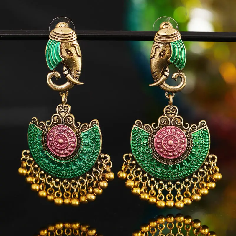 Индийские Jhumka серьги «Слоник» цыганские ювелирные изделия в стиле ретро этнические бусины в античном стиле висячие серьги с кисточками для женщин богемный подарок - Окраска металла: E green pink