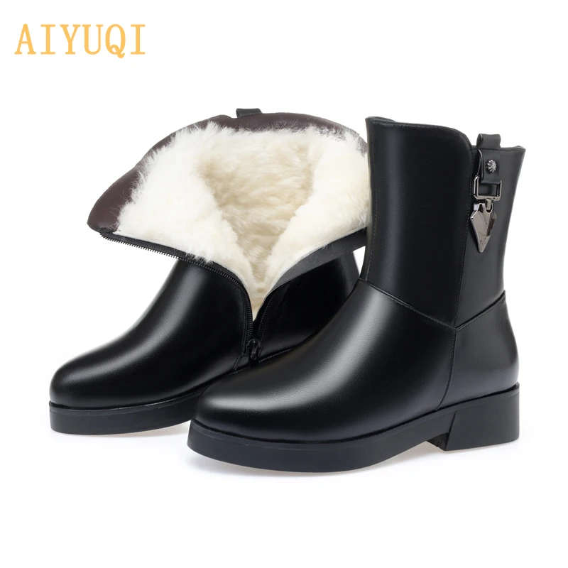 

AIYUQI Latest Women Ankle Boots Natural Cowhide Leather Big Size 41 42 43 Natural Wool Winter flat Snow Boots Women
