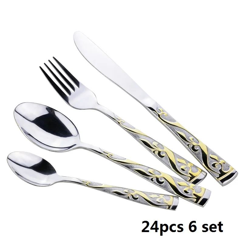 24pcs 6 set 4 шт./компл. из нержавеющей стали столовые приборы Золотой посуда тарелки столовая ложка, вилка, Ножи Свадебная вечеринка столовые приборы кухонные принадлежности бар питания - Цвет: 24pcs 6 set