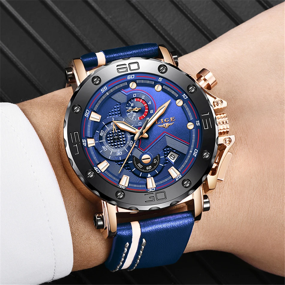 Relogio Masculino LIGE синие кожаные мужские s часы Топ Роскошные спортивные часы Мужские Корпус из нержавеющей стали многофункциональные кварцевые часы