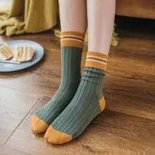 Женские одноцветные хлопковые носки, полосатые носки с манжетами, носки цвета хаки, горчичные носки с манжетами, теплые толстые зимние носки для девочек, носки по щиколотку, 5 пар/лот