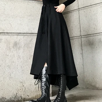 

2020 Women Spring Autumn New Punk Style Black Skirt Casual Slim Loose Irregular Button High Waist Midi Skirt Fashion Tide
