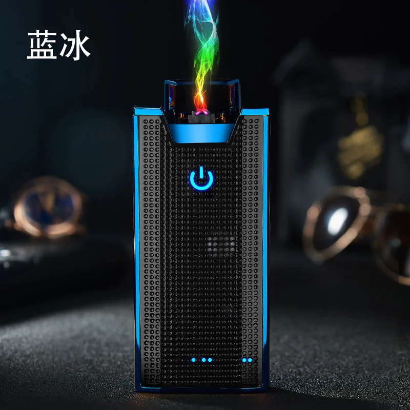 Синий Плазменная Зажигалка 4 в одном bluetooth динамик умный дисплей банк питания зажигалки Подарки другу - Цвет: Синий