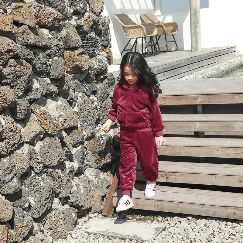 Winter New Korean Style Coat Hooded Casual Flannel Suit Girls Plus Velvet Thick Red Wine Two-piece Solid Children's Wear
