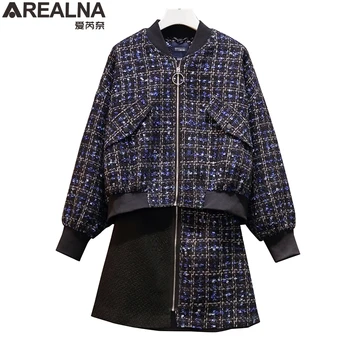 

plus size 2 Piece Set Women Tweed plaid Baseball jacket Top + Stitching Mini Skirt Suit two piece skirt set women outfit M-4XL